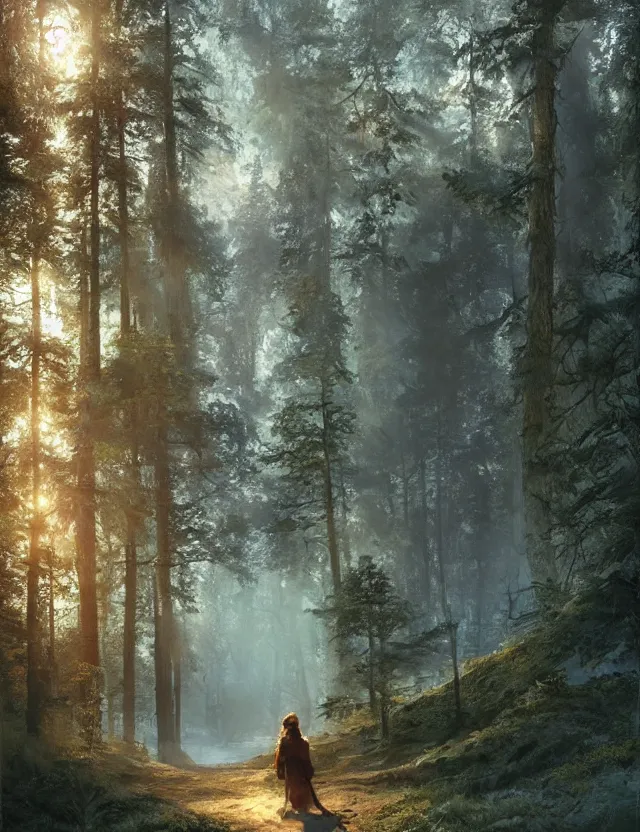 Image similar to most epic landscape, epic cinematic hyperrealism masterpiece. realistic poster with shaded lighting by craig mallismo, artgerm, jeremy lipkin and michael garmash, unreal engine, radiant light, detailed and complex environment, digital art, art station trends, environmental portrait, low angle, 3 5 mm, forest path, misty