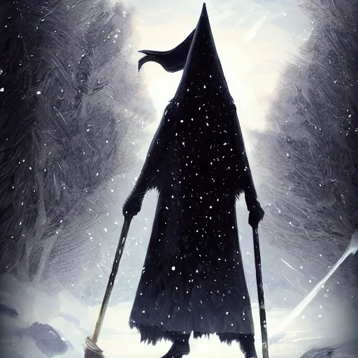 Image similar to wizard, dark, flying on the broom, front view, trees, snowing, artstation