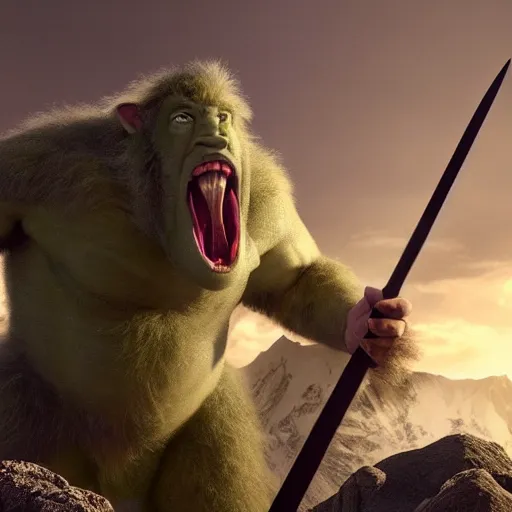 Prompt: still from a movie with cutting edge practical effects, giant humanoid troll with light green skin and big nose, burly, wearing long fur toga and holding sword, highly textured, fantasy, D&D, HDR, dramatic light, in alpine setting with mastadons in the background, wide angle shot, shallow depth of field, dynamic pose, award winning photograph!