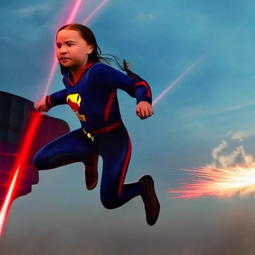 Image similar to epic photo of greta thunberg flying as superman destroying oil refinery with red laser vision. explosions and black smoke. cinematic realistic photographic epic lighting