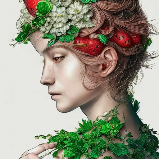 Prompt: the portrait of an absurdly beautiful, graceful, elegant, young woman made of strawberries and green petals, an ultrafine hyperrealistic detailed illustration by kim jung gi, irakli nadar, intricate linework, bright colors, octopath traveler, final fantasy, angular, unreal engine 5 highly rendered, global illumination, radiant light, detailed and intricate environment