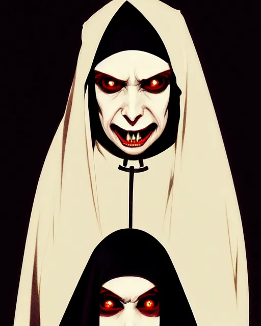 Prompt: single scary female vampire nun, symmetrical face, evil grin, nun outfit, portrait size, photoshoot, powerful, super detailed and intricate, by koson ohara, by darwyn cooke, by greg rutkowski, by satoshi kon