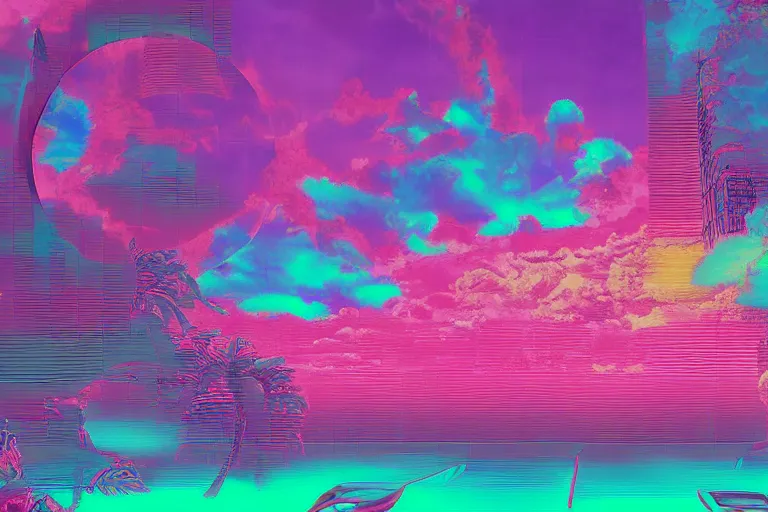 Prompt: A vaporwave dream at the edge of lucidity, digital art