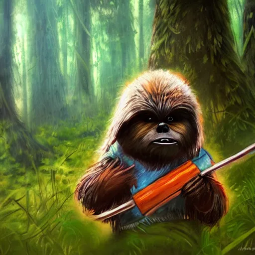 Image similar to a hard working ewok sweeping the forest floor, artstation, colorful