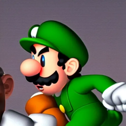 Prompt: Luigi strangling Mario with a garrote in the style of a Nintendo 64 game.