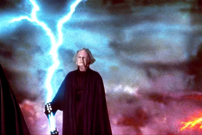 Prompt: (a cinematic still from return of the jedi!!), palpatine force lightning