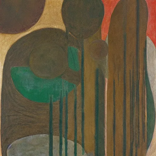 Image similar to ecstatic, unified burnt umber, fern green by barbara hepworth. a beautiful experimental art of a woman with long flowing hair, wild animals, & a dark, starry night sky.