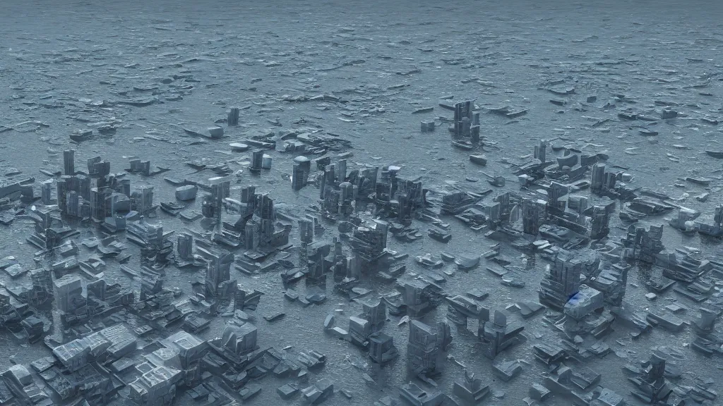 Image similar to a city floating on the ocean, crashing waves, far view, 3 5 mm dslr photograph, photorealistic, 4 k, rendered in octane