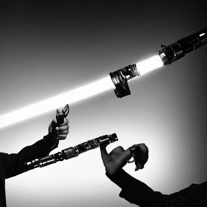 Prompt: quentin tarantino raising a lightsaber, giving thumbs up. without characters. black background. cinematic trailer format.