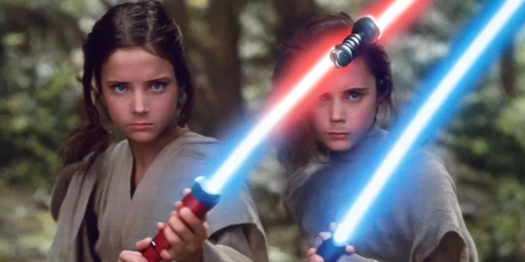 Image similar to a full color still of a teen brunette Jedi padawan holding a lightsaber hilt during a sci-fi battle, cinematic lighting, 1999, directed by Steven Spielberg, 35mm