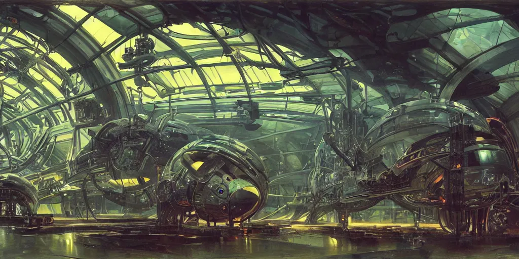 Image similar to wide shot, interior of an alien spaceship, futuristic, hyperrealism, heavy machinery, humanoids working, neon tubes crepuscular rays, ray tracing, by alphosne mucha adolf hiremy hirschl