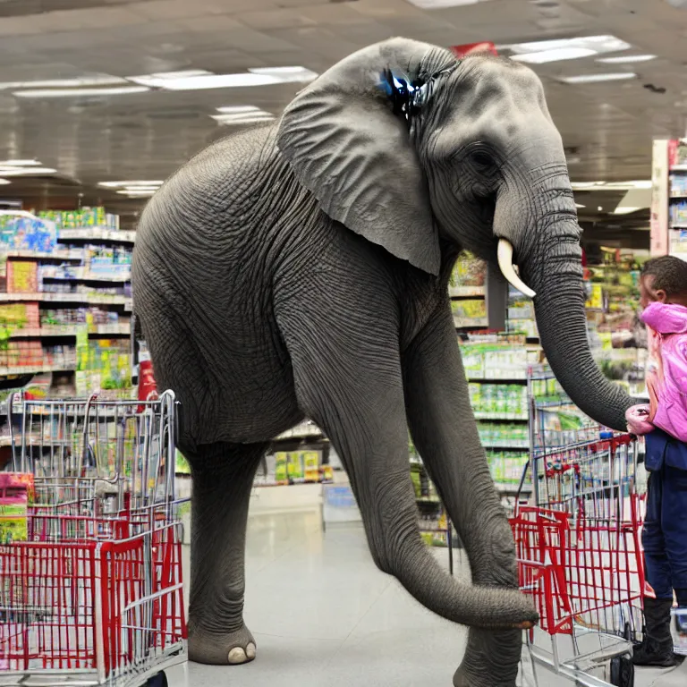 Prompt: An elephant patiently waiting in line at the supermarket