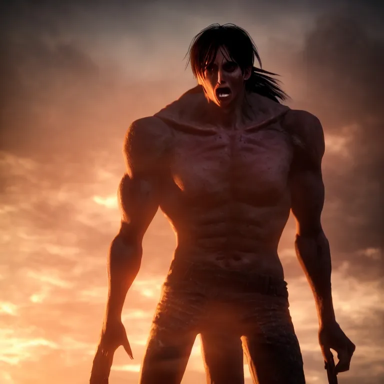 Prompt: real life eren titan, cinematic, volumetric lighting, f 8 aperture, cinematic eastman 5 3 8 4 film, photorealistic