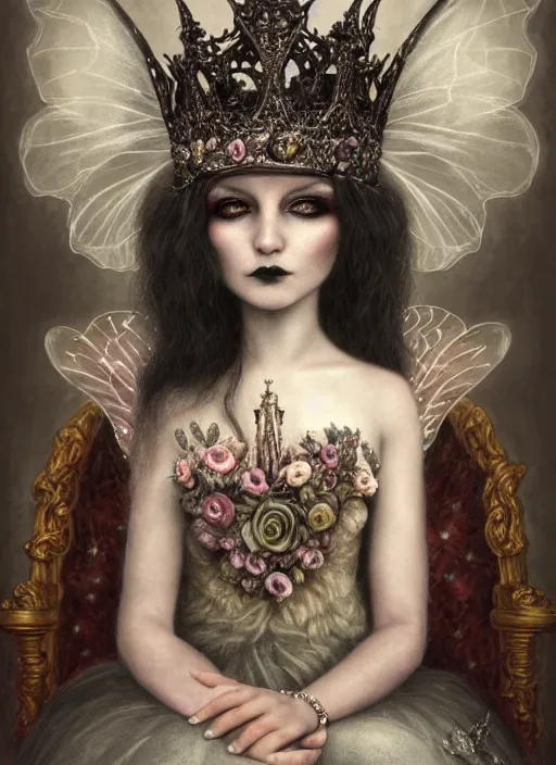 Image similar to highly detailed closeup portrait of a goth fairy princess wearing a crown and sitting on a throne, nicoletta ceccoli, mark ryden, lostfish, earl nore, global illumination, god rays, detailed and intricate environment