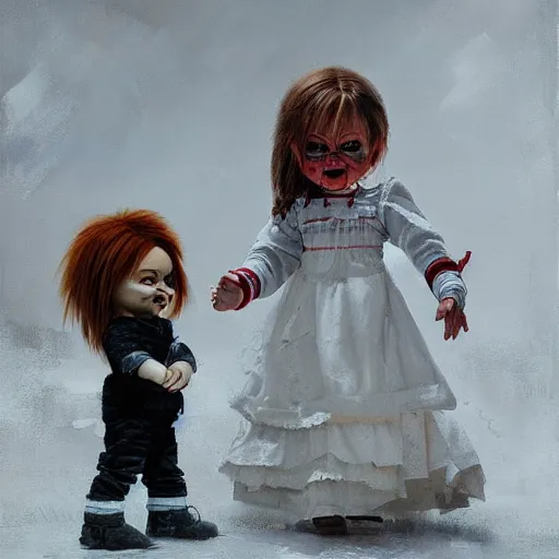 Image similar to the doll chucky fighting the doll annabelle in oslo, oil painting, by greg rutkowski