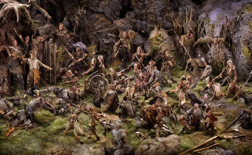 Image similar to stunning photograph of a claymation diorama of the battle of the pelennor fields, detailed, by erwin olaf, joop geesink, jim henson, brian froud, 8 k resolution, beautiful lighting, studio light, extremely detailed, establishing shot, realistic materials, hyperrealistic