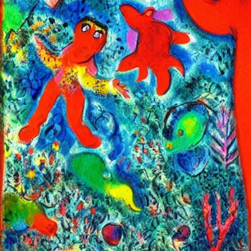 Prompt: chagall style painting, coral reef