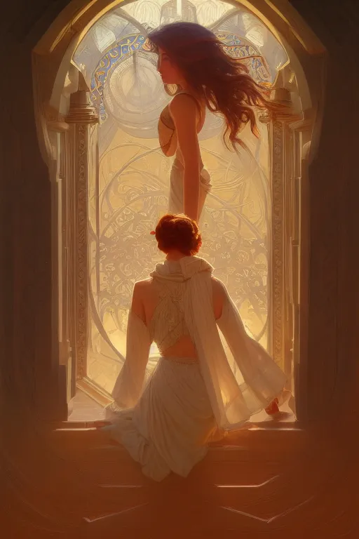 Image similar to painting of a shy noon in front of a dimensional portal, decorated, intricate, elegant, highly detailed, digital painting, artstation, concept art, smooth, sharp focus, illustration, art by artgerm and greg rutkowski and alphonse mucha, 8 k