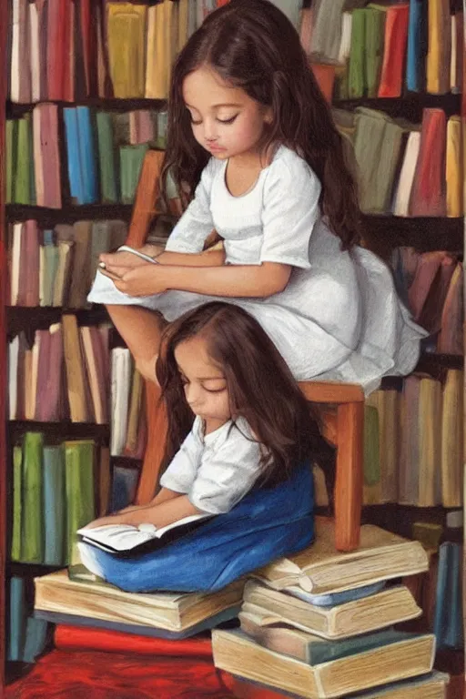 Image similar to a little girl sits cross legged on top of a tall pile of books. she is reading. clean elegant pretty cartoon painting, beautiful detailed face.