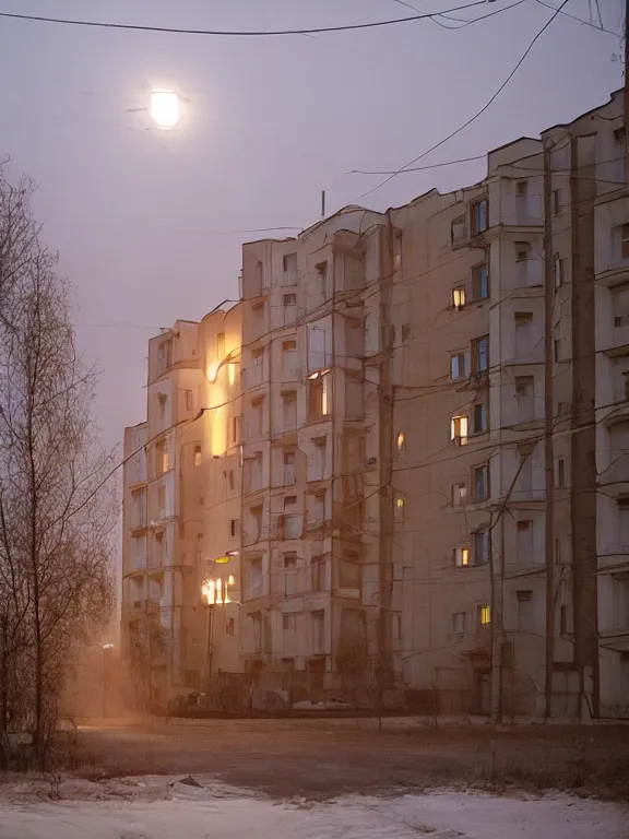 Prompt: film still of low residential building in russian suburbs, lights are on in the windows, deep night, post - soviet courtyard, cozy atmosphere, light fog, street lamps with orange light, several birches nearby, several elderly people stand at the entrance to the building