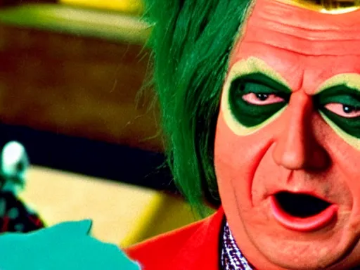 Image similar to donald trump as an oompa loompa with green hair, still from film chocolate factory 1 9 7 1