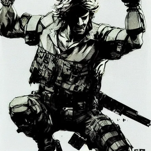 Image similar to solid snake fighting sam!!!!!! fisher!!!!!! by yoji shinkawa, concept art