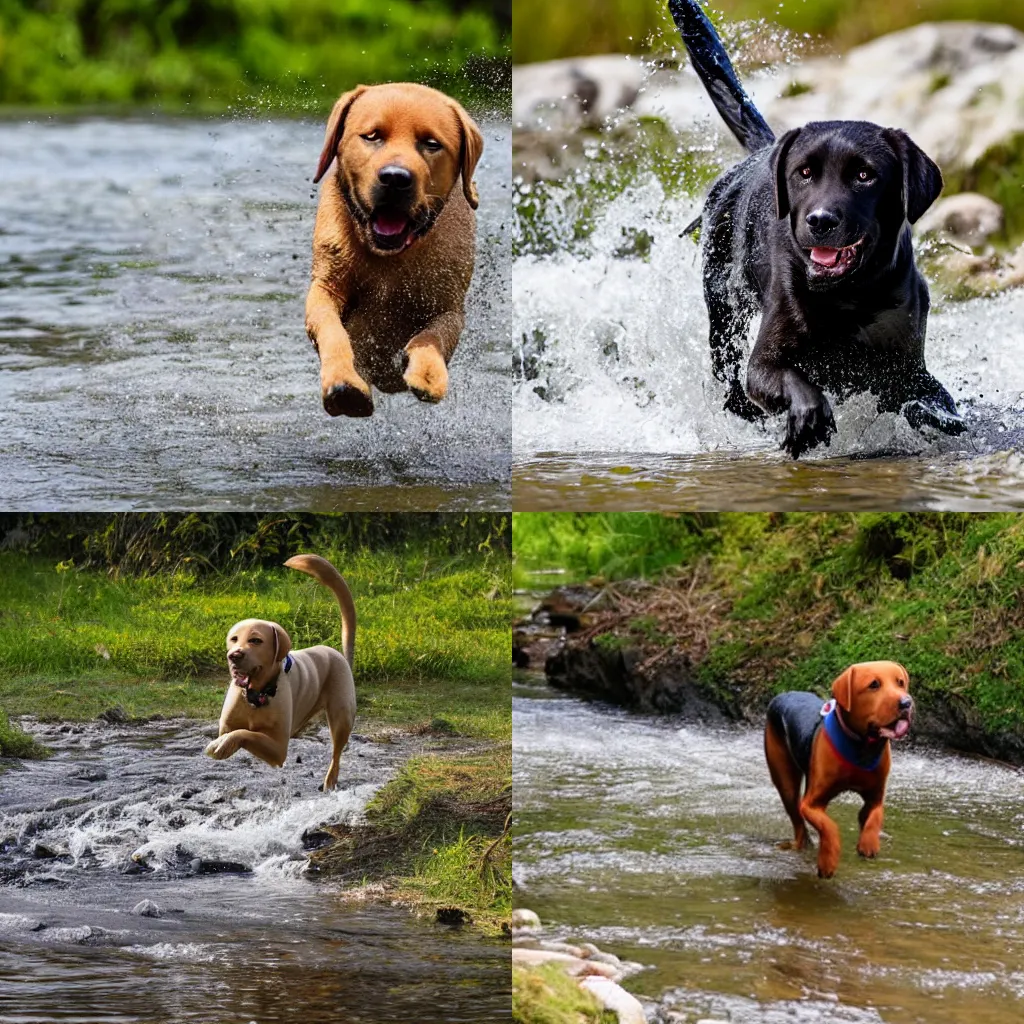 Prompt: a photo of a labrador running through a stream