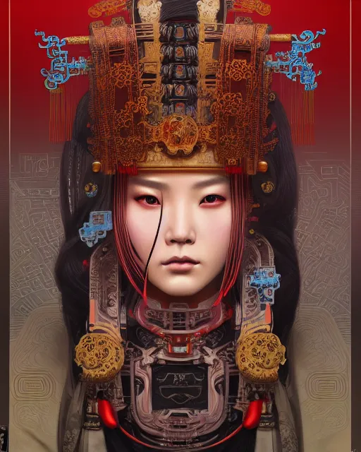 Image similar to portrait of a cyberpunk machine, machine face, upper half portrait, decorated with chinese opera motifs, asian, fine china, wuxia, traditional chinese art, intricate, elegant, highly detailed, symmetry, headpiece, digital painting, artstation concept art smooth sharp focus, illustration, art by artgerm and greg rutkowski alphonse mucha 8 k