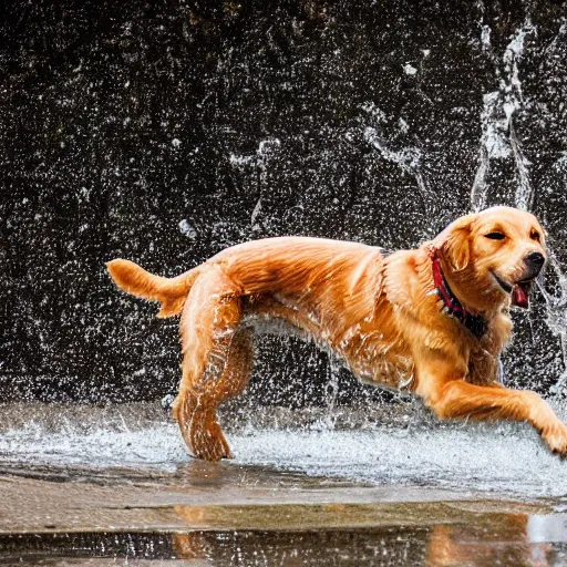 Prompt: Photorealistic photograph of a dog splashing in a puddle, photorealism, photorealistic, realism, real, highly detailed, ultra detailed, detailed, shutter speed 1/1000, 60mm Focal Length, Canon EOS 90D, Optical Camera, Wildlife Photographer of the Year, Pulitzer Prize for Photography, 8k