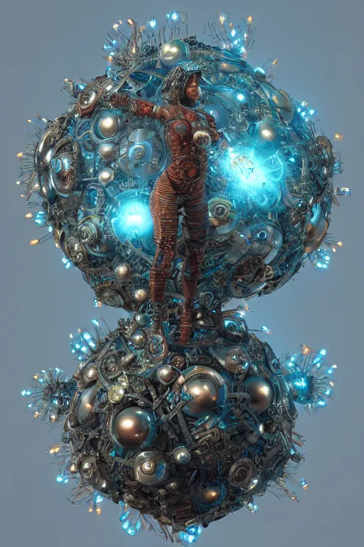 Image similar to a mystical spiral fractal cyborg made of scrap metal and glowing spherical balls and leaves and feathers, 3 d, trending on artstation, octane render, 8 k, by donato giancola