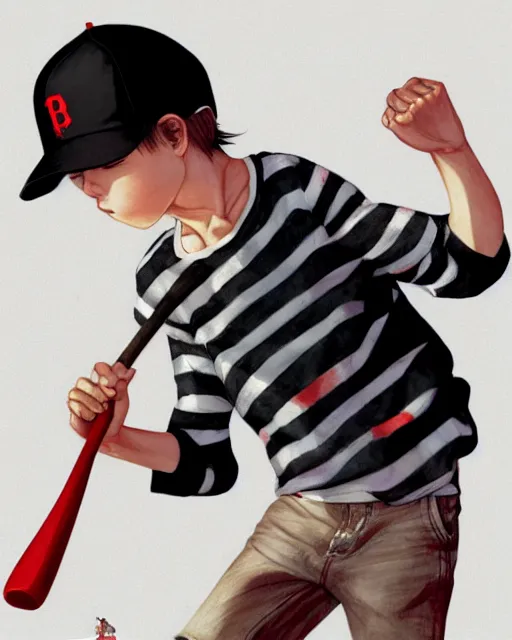 Image similar to a young boy wearing a horizontal striped shirt and a red baseball cap and jean shorts, holding a baseball bat, digital painting, artstation, concept art, sharp focus, octane render, illustration, art by takato yamamoto,