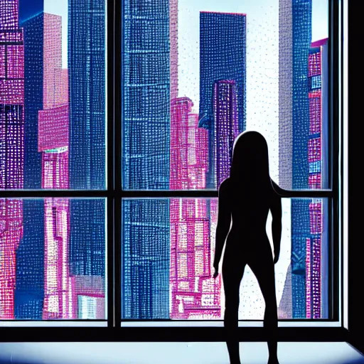 Image similar to a female cyborg looks out a window at the skyline of a raining neon city