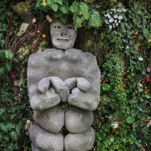 Image similar to stone golem covered with flowers and ivy in an enchanted forest, by simon cowell