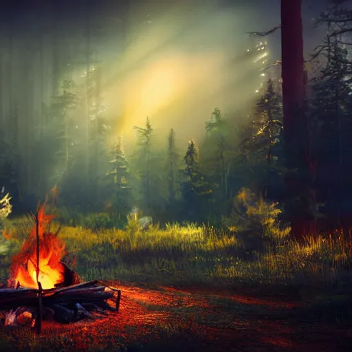 Image similar to a campfire in a surreal world, 8k resolution concept art hyperdetailed trending on Artstation Unreal Engine ominous photorealistic sunshine rays colourful beautiful bokeh ambient occlusion, dynamic lighting, stunning visuals, creative, concept art, trending on art station, ultra detailed