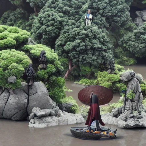 Image similar to 8 k uhd, statue, hashirama senju vs madara uchicha, 3 2 feets, river, mount, historical place, pilgrims, offerings, clan priest, highly details content