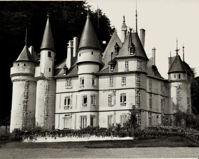 Image similar to old black-and-white photograph of a French castle constructed with lego bricks