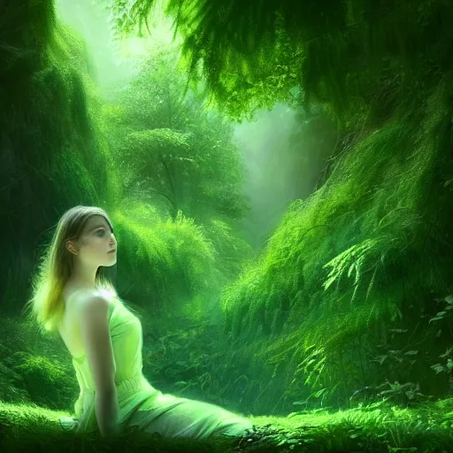 Image similar to a highly detailed digital matte painting of a young woman surrounded and engulfed in green leaves, artstation, detailed woman, stunning volumetric lighting, elegant, fantasy, 4k