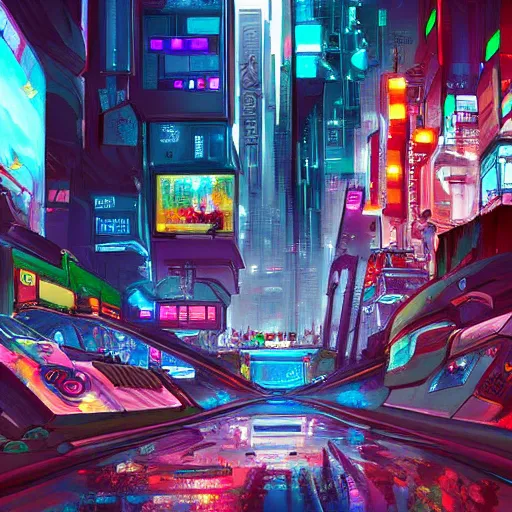 Image similar to a beautiful extremely complex painting of as cyberpunk street digital painting