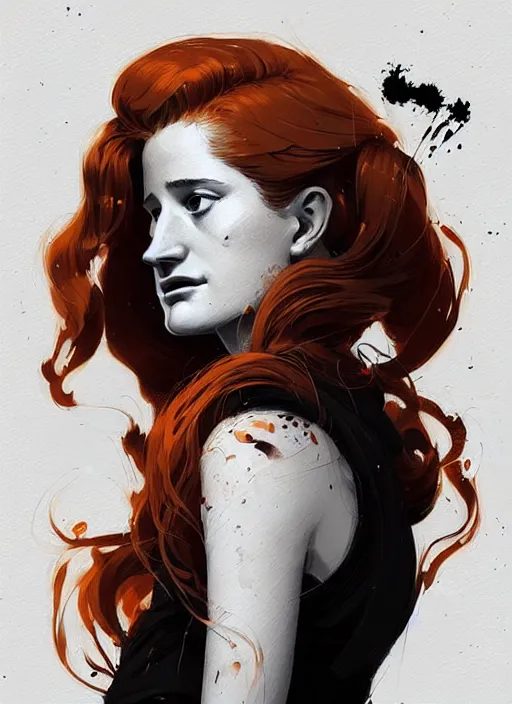 Image similar to highly detailed closeup portrait of beautiful moody grace gummer as dom dipierro, wavy ginger hair, by atey ghailan, by greg rutkowski, by greg tocchini, by james gilleard, by joe fenton, by kaethe butcher, gradient orange, black and white color scheme, grunge aesthetic!!! ( ( graffiti tag wall background ) )