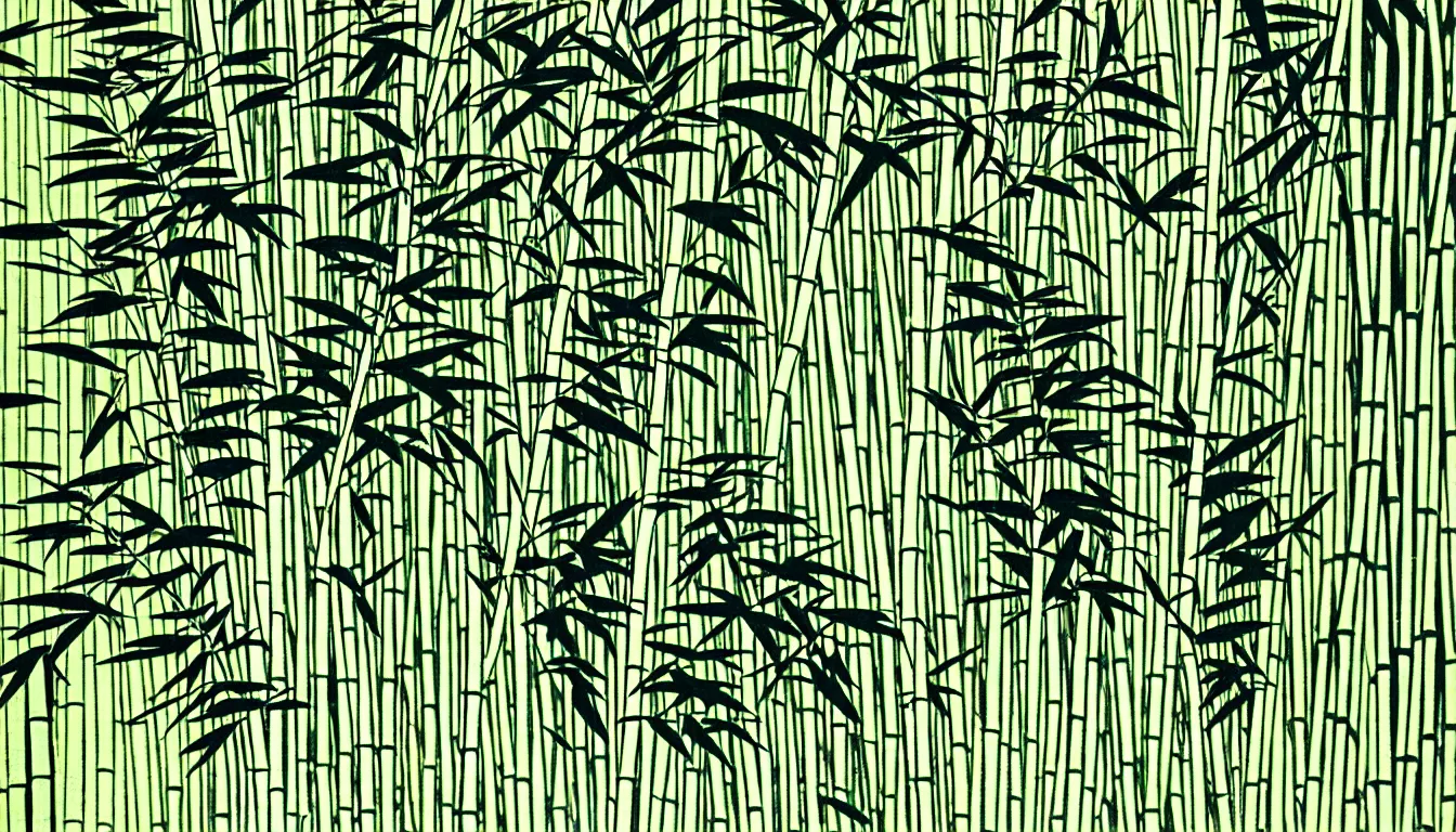 Image similar to close up of ferns with bamboo forest in the background by woodblock print