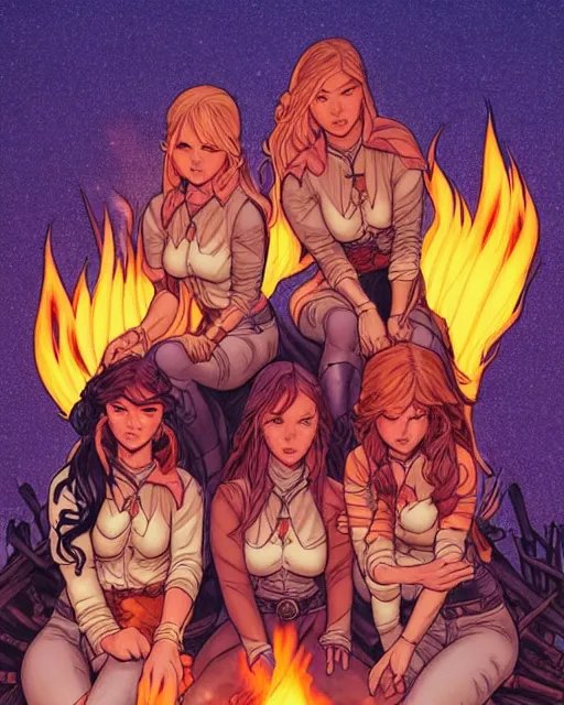 Prompt: fantasy comic cover art of a ( ( trio of cowgirls ) ) sitting around a bonfire, detailed faces, illustration by jenny frison and sana takeda and kenichi sonoda, intricate details, stunning inking lines, stunning gradient colors, 4 k, hd, artstation, award winning