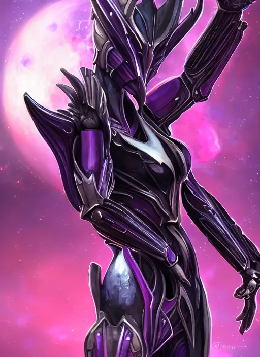 Image similar to cinematic close body, cosmic sized beautiful stunning giant robot mechan hot female dragon goddess, sharp sleek cyborg dragon head, sharp metal ears, smooth purple eyes, smooth fuschia skin, smooth silver armor, nebula, epic proportions, epic scale, macro furry, furry art, dragon art, goddess art, giantess art, warframe, warframe fanart, furaffinity, octane