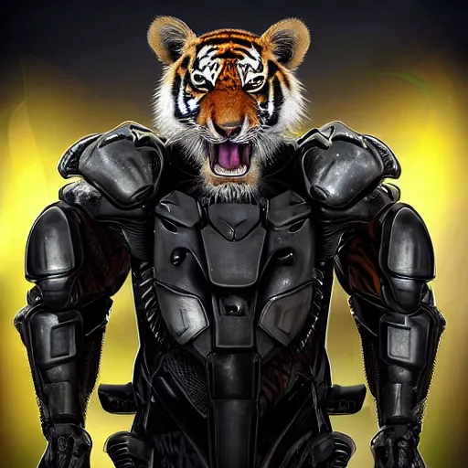 Image similar to humanoid with tiger-like features in futuristic space armor with force fields, yellow eyes, teeth that protrude past the lower lip and fine grayish fur on their faces and backs of their hands and carrying weapons, octane,