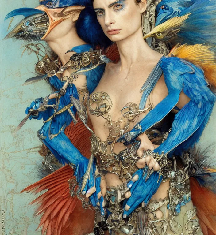 Image similar to a portrait photograph of a meditating fierce krysten ritter as a colorful harpy bird super hero with blue skin. she has many skin grafts and cyborg body modifications. by donato giancola, hans holbein, walton ford, gaston bussiere, peter mohrbacher and brian froud. 8 k, cgsociety, fashion editorial