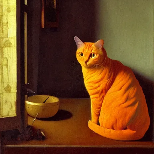 Image similar to a painting of an orange cat staring profoundly into the window, a detailed painting by johannes vermeer, behance, american scene painting, dutch golden age, detailed painting, academic art
