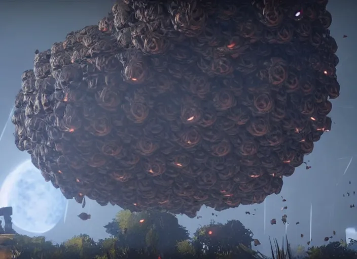 Prompt: colossal wasp nest looking colony infestation in destiny 2, liminal, dark, dystopian, abandoned, highly detailed 4 k 6 0 fps in - game destiny 2 gameplay screenshot leak