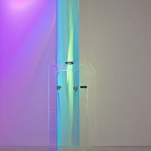 Image similar to an ultra high definition professional studio quality photograph of a transparent iridescent perspex pastel coloured raincoat sculpture on white coat hook in an empty white room. dramatic lighting, ray tracing, refraction, shallow d. o. f, colour corrected, golden ratio, three point light. volumetric shadows. god rays.