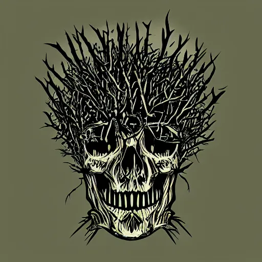 Image similar to dark death metal themed vector illustration for a record label, trees. forest, spikes, skull, microphone, skull, award winning, grunge, iconic, golden ratio