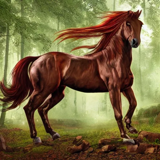 Prompt: a half - man, half - horse with a big red beard in a forest fantasy art, highly detailed