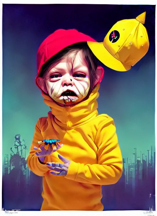 Image similar to a baby zombie in a yellow hat, tristan eaton, victo ngai, artgerm, rhads, ross draws